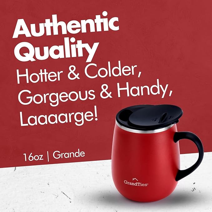 GRANDTIES Insulated Coffee Mug with Handle - Sliding Lid for Splash-Proof 16oz Wine-Glass Shape Thermal Tumbler with Double Walled Vacuum Stainless Steel to Keeps Beverages Hot or Cold-Cranberry