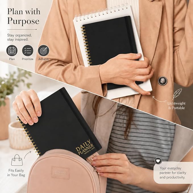 Daily Planner with Hourly Schedules - Undated To Do List Notebook for Work and Study, Spiral Bound, 5.5" x 8.5", Easily Manage Tasks and Appointments - Black