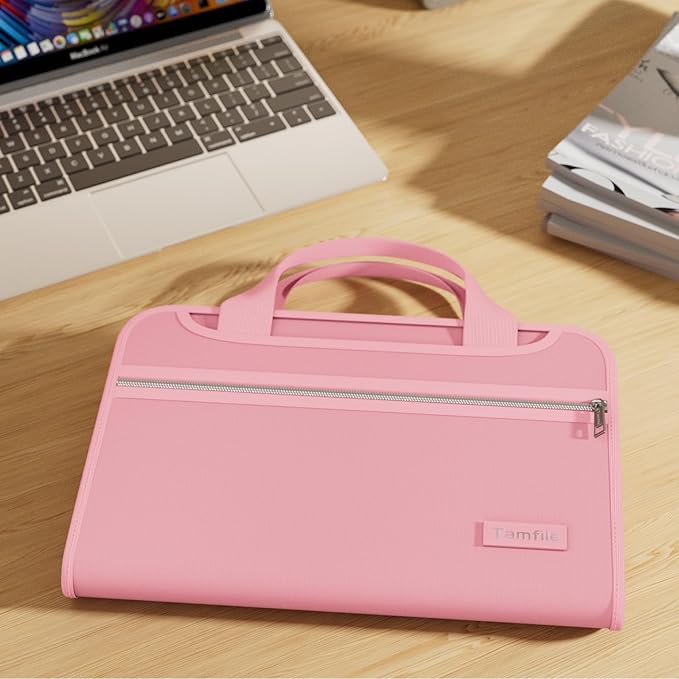 Tamfile Fireproof Accordion File Organizer with Handle, 13 Pocket Colorful Expanding File Folder with Zipper & Labels, File Folder with Multi-Pockets Paper Organizer Folder for Letter A4 Files (Pink)