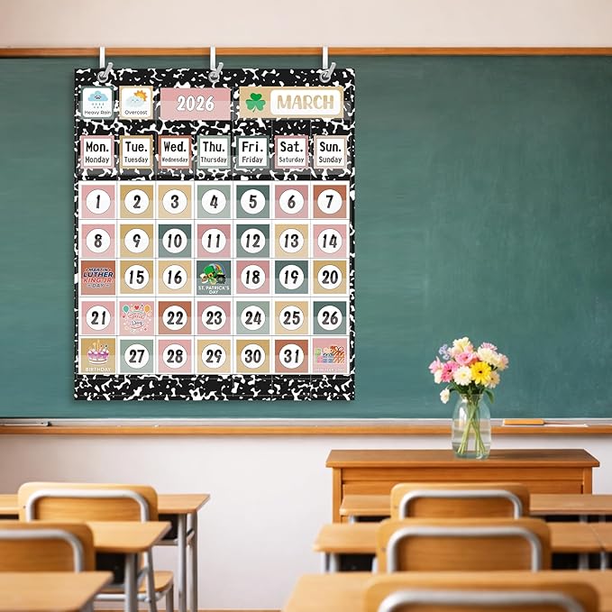Tinlade Classroom Calendar Pocket Chart Set with 115 Cards 24 x 28 Inch Modern Farmhouse Calendar Bulletin Board Pocket 2026-2033 Festival Weather Teacher Supplies for Back to School Wall Decoration