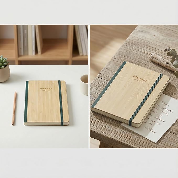 AuroPlanner Bamboo Cover Undated Portable Planner Notebook – Daily, Weekly & Monthly Organizer, Lay-Flat A5 (5.7” × 8.3”), 100 GSM Paper, 160 Pages, 4-Month Layout (Brown)