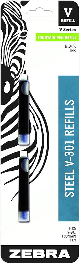 Zebra Pen Steel, V-Refill Fountain Pen Ink Cartridge Refill, 0.7mm Fine Point, Black Ink, Fits Zebra Pen Steel V-301 Fountain Pen, Smooth and Controlled Writing, Easy to Replace, 2-Pack (87712)