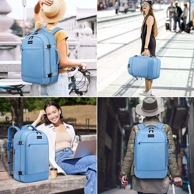 Asenlin Travel Backpack for Women Men,Flight Approved Carry On Luggage 40L Water Resistant Business Laptop Backpacks Fits TSA 17.3 Inch Computer College Weekender Outdoor Hiking-Light Blue