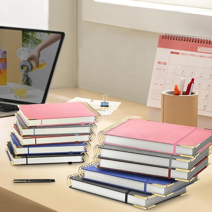 A5 Top Spiral Notebook, Large Leather Hardcover Top Bound Steno Pads, 240 Pages 100 gsm Thick Lined Paper Left Handed Notebook Journal for Work, School, Meeting Writing - Pink, 5.9" x 8.5"