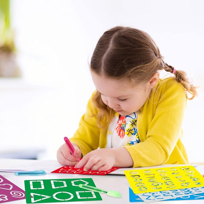 Fuutreo 12 Pieces Preschool Alphabet Tracing Stencil Set for Kids Colorful Letter Tracing Drawing Stencils with 6 Color Highlighter Cute Craft Pattern Paint Boards for Painting Classroom Rewards