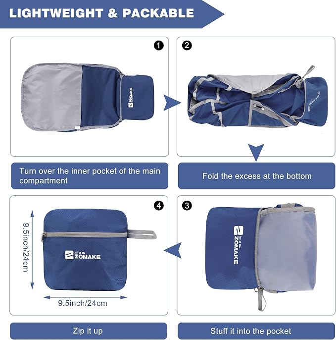 ZOMAKE Lightweight Packable Backpack 35L, Foldable Backpacks Water Resistant Collapsible Light Daypack for Hiking(Navy Blue) | Light Hiking Backpacks Water Resistant Collapsible Day Pack for Travel, Everyday Carry, Multi-Pocket Layout, Heavy Duty Nylon
