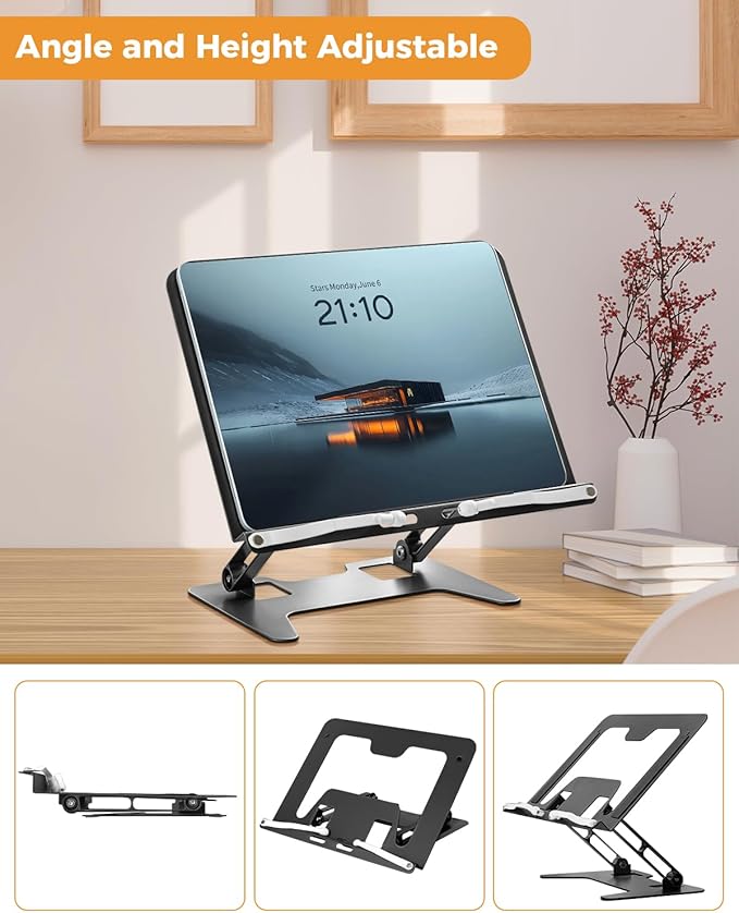 Honagu Adjustable Laptop Stand for Desk, Metal Foldable Laptop Riser, Portable Desktop Book Stand Holder, Ergonominc Computer Notebook Stand Compatible with 10-15.6” Laptops (Black)