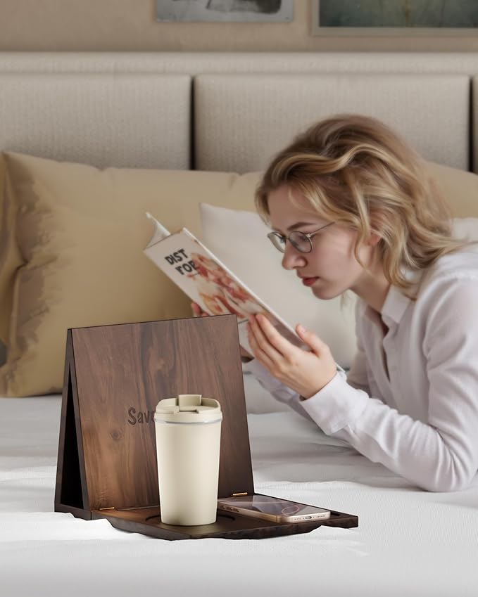 Triangle Book Holder, Book Rest, Acacia Foldable Book Nook Reading Valet, Triangle Book Stand with Cup, Pen, Glasses and Phone Holder for Bedroom, Nightstand or Office, Gifts for Book Lover (Walnut)