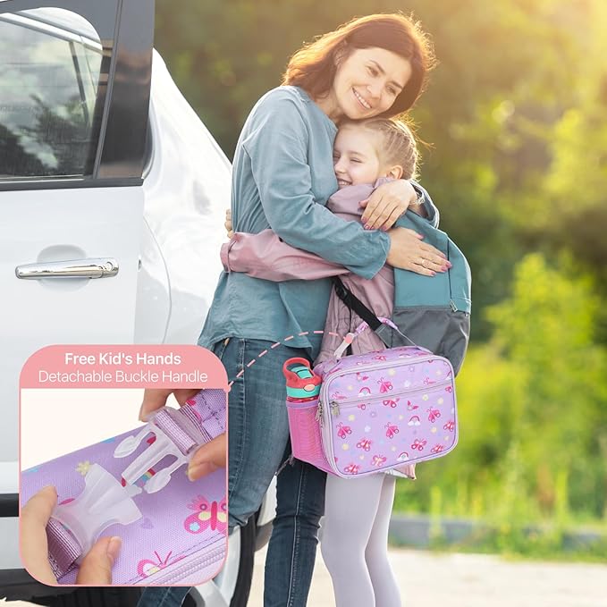 Bagseri Kids Lunch Bag Girls - Thermal Insulated Lunch Box Tote with Water Bottle Holder, Reusable Leak-Proof Kids Lunch Box for Daycare & School, Purple Butterfly (Containers Not Included)