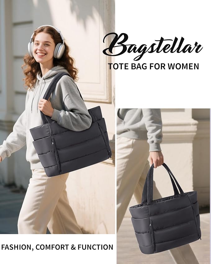 Bagstellar Puffer Tote Bag for Women, Lightweight Puffy Work Handbag Teacher Nurse Quilted Shoulder Bag for School Travel Gym | Cloud Bag w/ Zipper