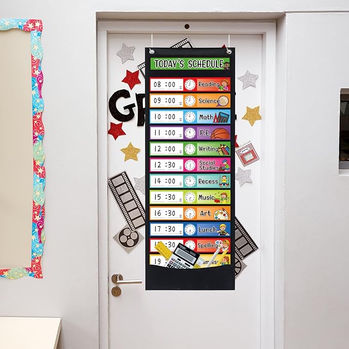 Daily Schedule Pocket Chart Kit,40 Bright Attractive Double-Sided Reusable Erasable Cards,1 Title Card,13+1 Scheduling Pocket Chart with 2 Hangers for Classroom Office Home Preschool Learning (Black)