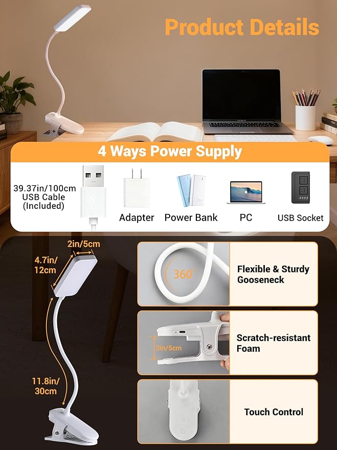 Clip on Lamp,9 Brightness+5 Color Clamp Light,4000mAh Battery Rechargeable Desk Lamp with Clamp,450 Lumen 48 LED Desk Light,Cordless Reading Lights for Books in Bed/Headboard/Bedside Table/Dorm Room