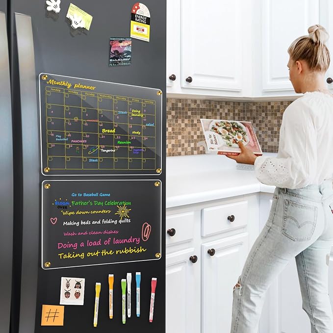 WALGLASS Acrylic Calendar for Fridge, 12"x16" Gold Monthly Clear Acrylic Magnetic Dry Erase Board for Refrigerator, Set of 2 Stronger-Magnetic Reusable Fridge Planner, Includes 6 Liquid Chalk Markers