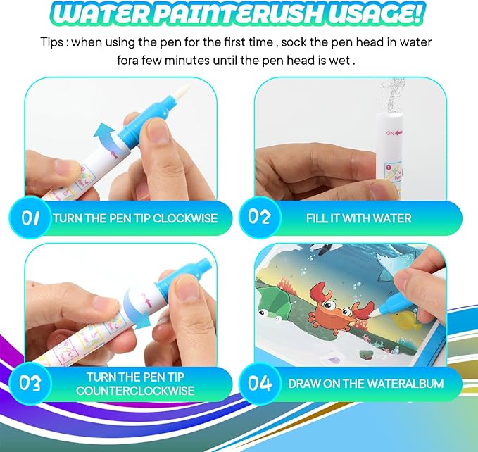 4 Pack Reusable Water Coloring Books for Toddlers, Paint with Water Books,Mess-Free Coloring Book, Portable Educational Doodle Drawing Toy, Improving Children's Imagination, Color Perception