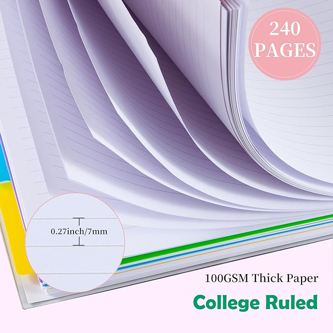 5 Subject Notebook College Ruled, A5 Spiral Notebook with Removable Pocket Dividers Tabs, Lined Organizer Notebook Journal for Women, 240 Pages Notebooks for Work School Note Taking, Green Marble
