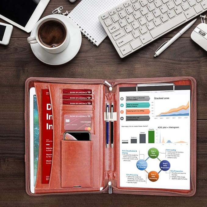 Darolin Vegan Leather Padfolio Portfolio with Handle & Clipboard, Zippered Business Portfolio Organizer for Meetings, Interviews & Travel, Fits A4 & Letter Size, Padfolio for Men Women (Brown)