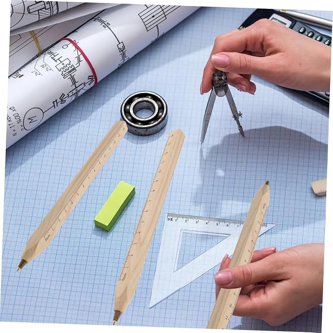 ULTECHNOVO 20pcs Black Wood Ballpoint Pens Biodegradable Wooden Signature Pens with Printed Scale Ruler for Carpenter Drafting and Construction Use