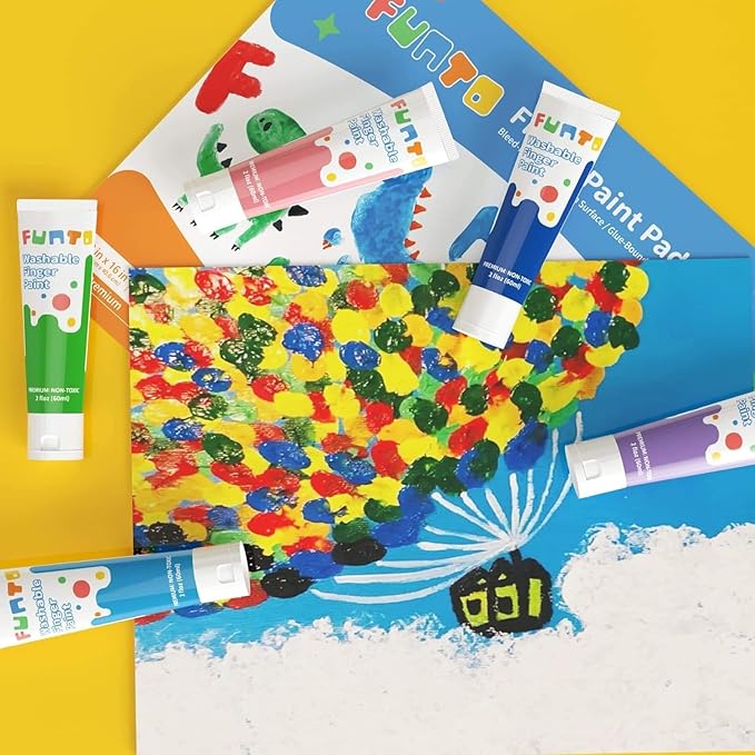 Funto Washable Finger Paint for Kids, Safe & Non-Toxic Finger Painting for Toddlers 1-3, Bath Paint, Toddler Art Painting Supplies, 10 Assorted Colors