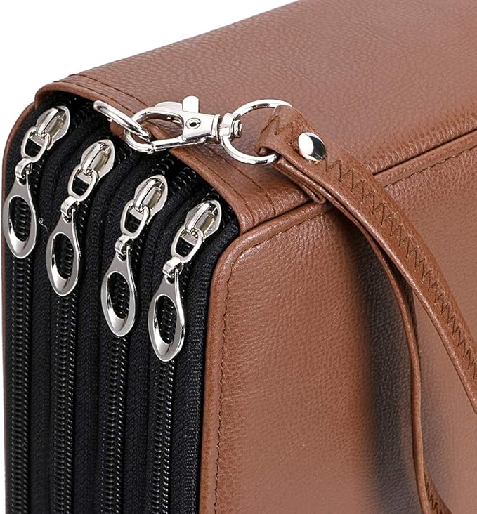 BTSKY 200 Slots Colored Pencil Organizer - Deluxe PU Leather Pencil Case Holder With Removal Handle Strap Pencil Box Large for Colored Pencils Watercolor Pencils Brown