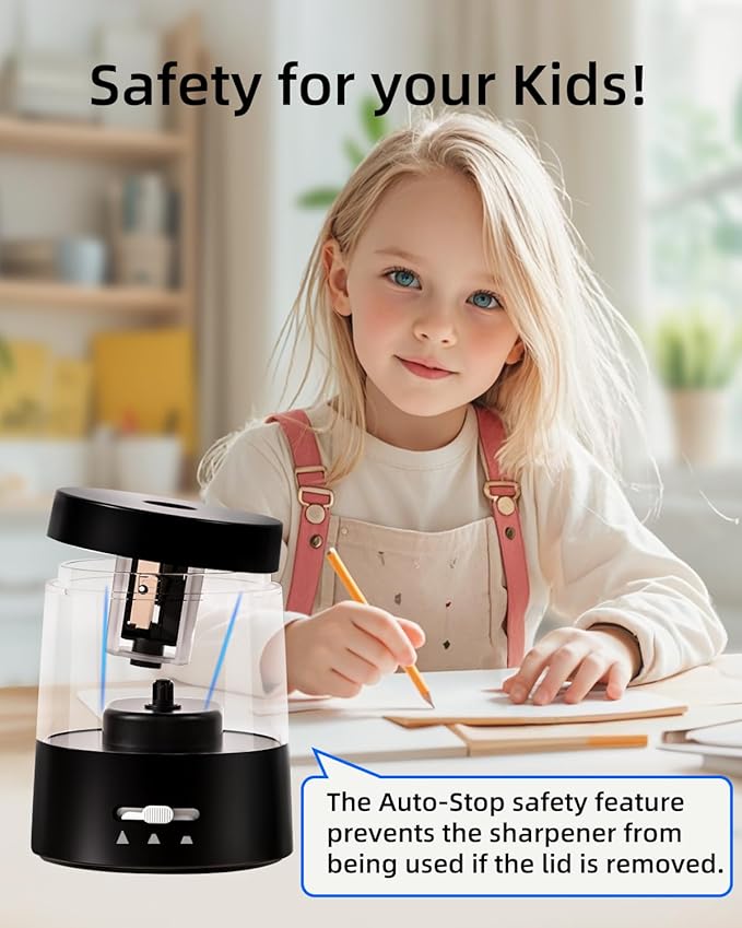 ZMOL Electric Pencil Sharpener for Kids - 3 Modes, Battery Powered & USB, Tungsten Steel, Fast Sharpening for Colored Pencil No.2, Classroom Office Home, 6-8mm, Black