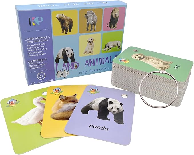 52 Pcs Toddler Land Animals Flash Cards Gift for Kids Wild Forest Animals Flash Cards Sight Words with Pictures Preschool Flash Cards with Ring (Land Animals)
