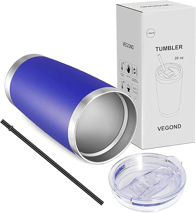 VEGOND 20oz Tumbler with Lid and Straw Stainless Steel Tumbler Cup Vacuum Insulated Double Wall Travel Coffee Mug Powder Coated Coffee Cup, Blue, 1 Pack