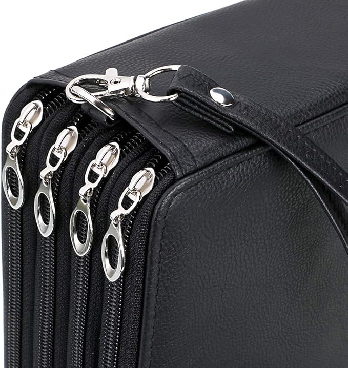 BTSKY 200 Slots Colored Pencil Organizer - Deluxe PU Leather Pencil Case Holder with Removal Handle Strap Pencil Box Large for Colored Pencils Watercolor Pencils (Black)