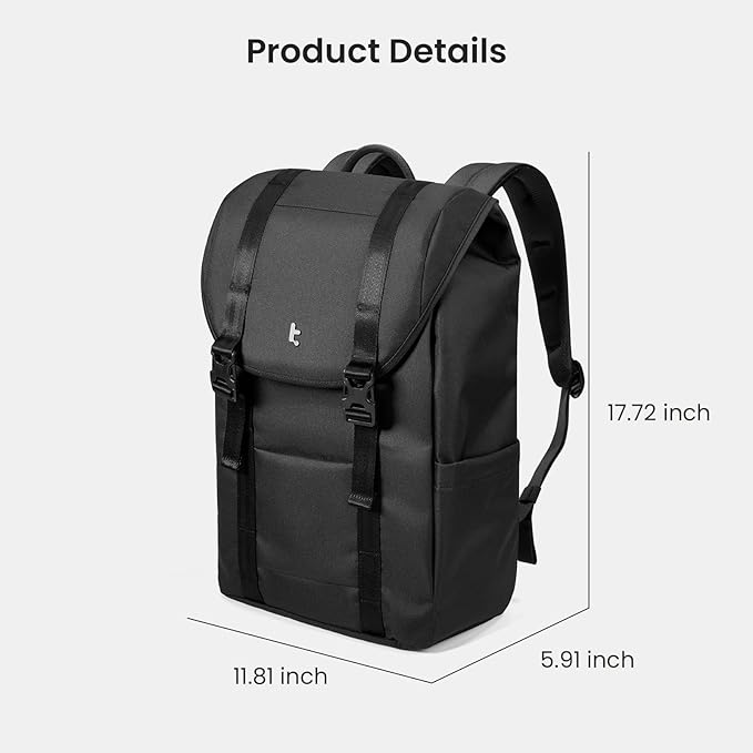 tomtoc Flap Laptop Backpack, Lightweight, Water-Resistant Casual Daypack, Durable Work-pack, Vintage Classic Rucksack for 13-15.6 Inch Laptop, perfect for Campus, Street, 22L, Dark