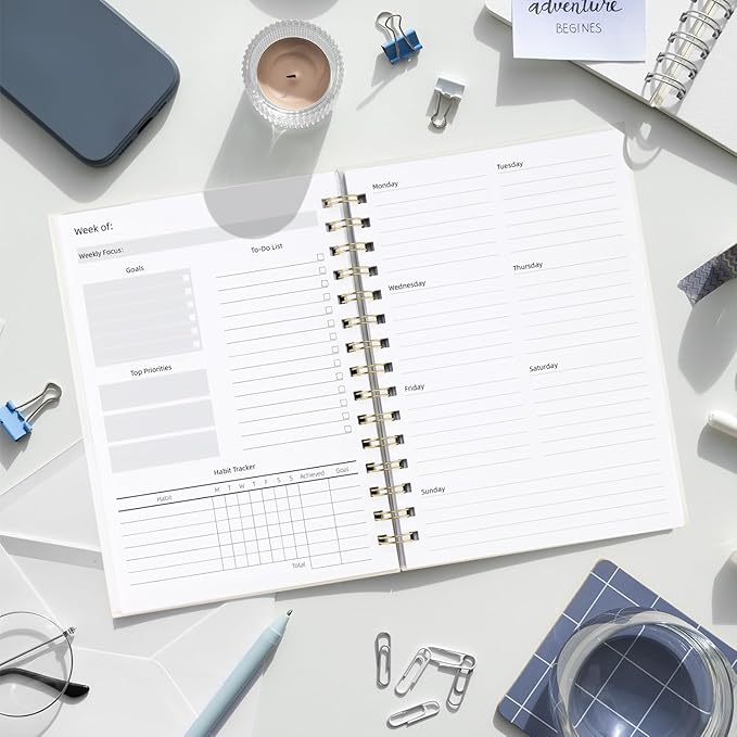 Undated Weekly and Monthly Planner Spiral Bound- Weekly Goals Notebook, To Do List, Habit Tracker Journal, Academic, Aesthetic, Stylish School or Office Supplies (6.1" x 8.4" - Cream)