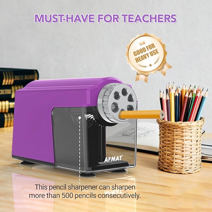 AFMAT Electric Pencil Sharpener for Classroom, 6 Holes, Cordless & Rechargeable, Super Fast, Auto Stop, 10K+ Uses, Heavy Duty Pencil Sharpener for 6-11mm No.2/Large/Colored Pencils PSD4(Purple)
