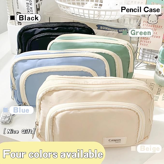 LSLSHY Big Capacity Pencil Case Large Three-ply Zipper Pen Pouch Office School Stationery Supplies for Teen Girls Boys Students (Beige)