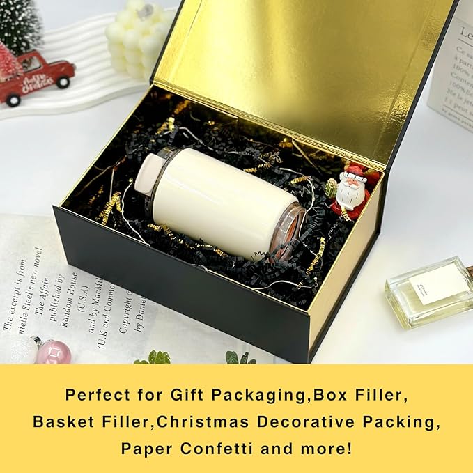 1LB Crinkle Cut Paper Shred Filler for Gift Box Bag and Basket On Holidays(Black&Gold)