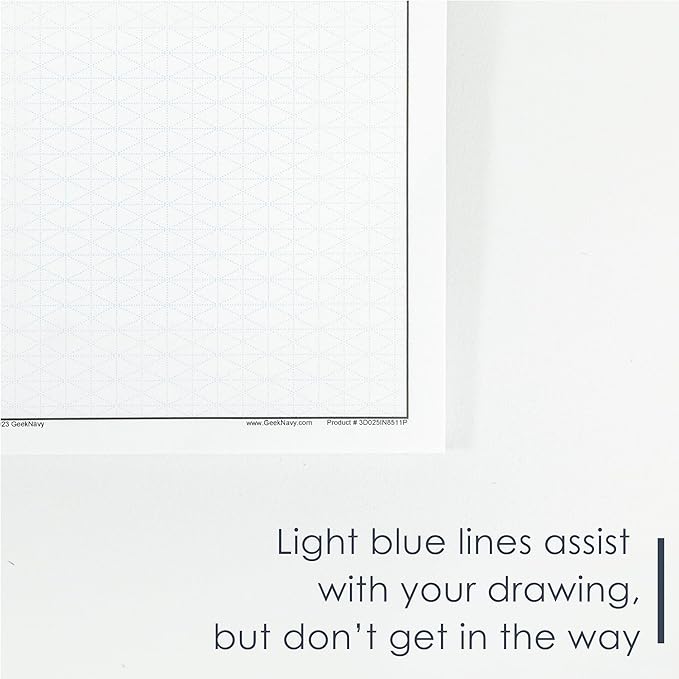 GeekNavy 8.5" x 11" Isometric Graph Paper 50 Sheets Portrait - 0.25" Grid, Non-photo Blue, High Brightness, Drafting, Engineering, Art, 3D Design (3-Pack)