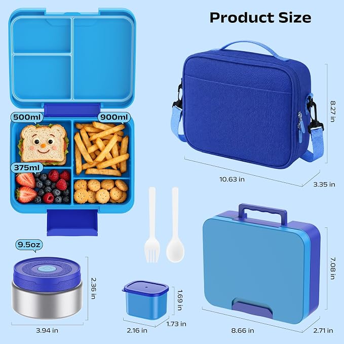 Bento Lunch Box Set for Kids with 8.5oz Hot Food Jar Leak-Proof Lunch Food Container with Insulated Lunch Bag for Toddlers Girls Boys Teens to School, Office, Picnic, Camping, Travel - Blue