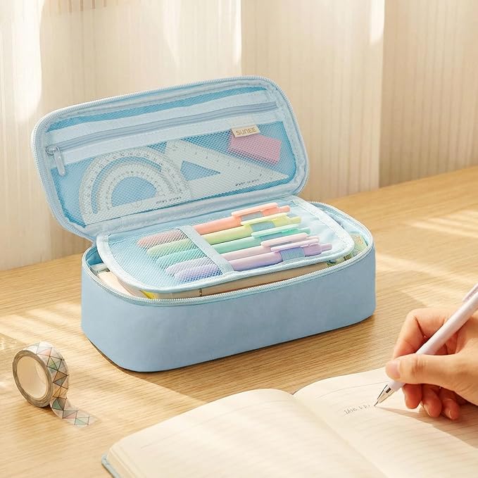 SUNEE Cute Pencil Case, Large Capacity Pencil Pouch, Big Storage Organizer for Stationery, Zipper Pen Bag,Back to School Supplies,Office Water-Repellent Nylon Pencil Bag for Teen Girls Boys,Light Blue