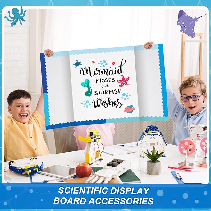 90 Pcs Science Fair Board Supplies Include 72 Trim Scalloped Bulletin Borders 18 Presentation Board Subtitles for Classroom Office Display (Ocean)