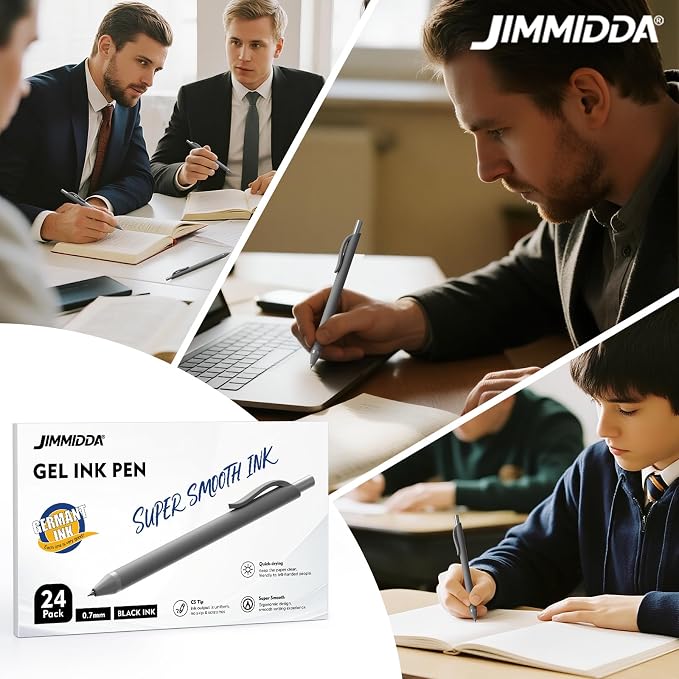 24 Pack Gel Pens Black Ink, 0.7mm Fine Point Smooth Retractable | Quick-Drying No Smudge, Left Handed Writing Pens for Journaling Note Taking School Office Service Cheap Pens Bulk