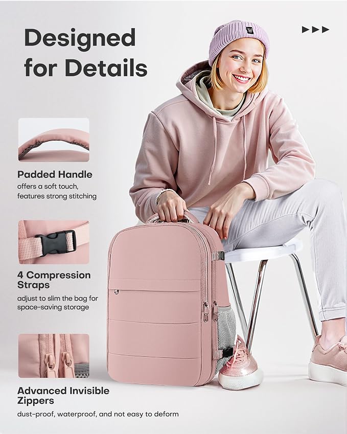 HOTOR Travel Backpack Flight Approved Bag Men Women, Medium Pink | TSA Carry on Luggage, 15.6inch Laptop, Casual Daypack Travel Essentials Nurse Bag for Work, Business, Weekender, College