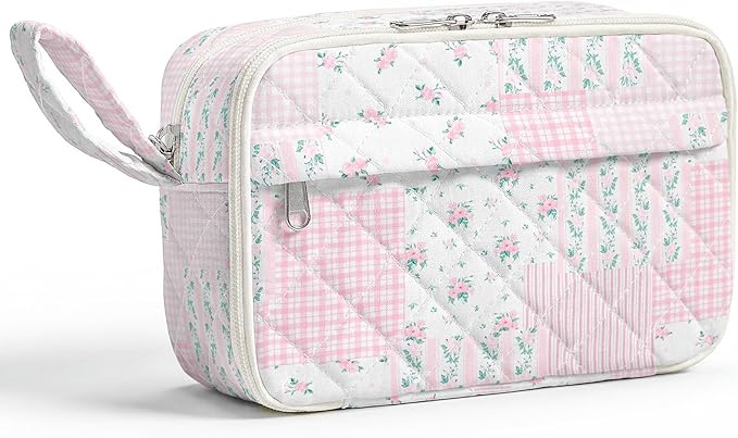 WOBAGMEN Quilted Pencil Pouch for Girls Women, Large Pencil Case Pouch with Compartments Cute Aesthetic Pencil Case Organizer, Floral Pencil Bag for School Supplies (Pink Floral pin)