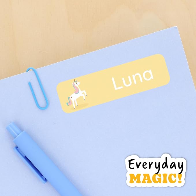 Camp Name Labels for Kids (33) – Custom Waterproof Stickers for Water Bottles, Lunch Boxes, Daycare & School with Unique Designs - Unicorn