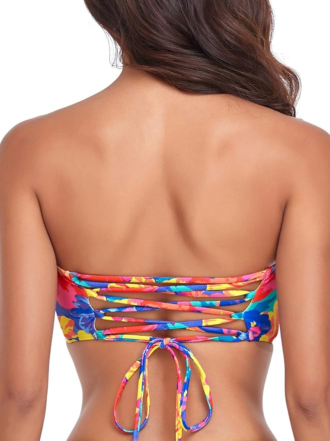 RELLECIGA Women Bandeau Swim Top Only Strapless Bikini Top Tie Back Swimsuit Tube Top
