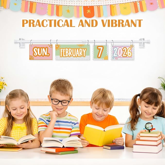 TecUnite Retro Pastel Flip Calendar Bulletin Board Decor Set Sunshine Calendar Holder Includes 54 Cards 2026-2029 Year and Adjustable Rod for Classroom Kindergarten and Elementary Teacher Supplies