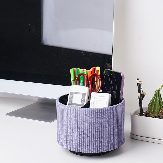 Round Leather Art Supply Organizer,Remote Control Holder,360 Degree Spinning,Multi-Functional Pencil Holder,4 Compartments Desktop Stationary Organizer(1-Vertical Wood Purple)