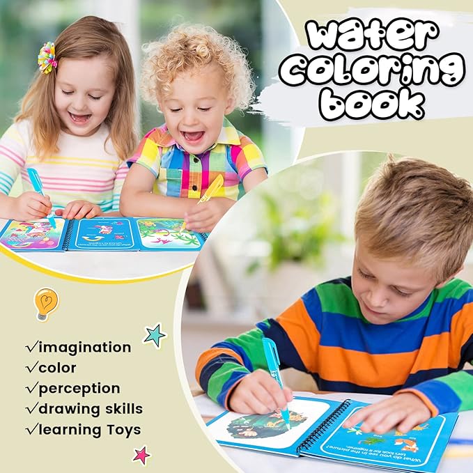 4 Pack Water Coloring Books, Reusable Water Painting Book Unicorn Dinosaur Animal Ocean Painting for Toddlers Educational Learning Kits for