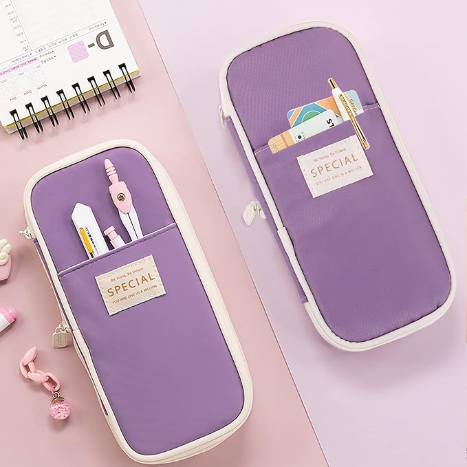 MAMUNU Expandable Pencil case with compartments, Large Capacity Pencil Cases Pencil Bag Pouch Adults, Portable Pencil Case Large School Stationery Organizer, Makeup Cosmetic Bag, Purple