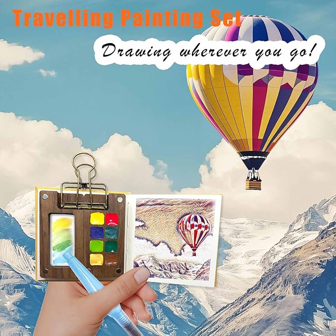 Orbixa Mini Watercolor Palette Paint Set Travel Size - 12 Color Paint with 8-Wooden Grid Palette,Mini Sketchbook & Brushes | Portable Artist Supplies Kit for Students, Beginners, Outdoors Use (yellow)