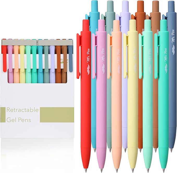 Mr. Pen- Retractable Gel Pens, 12 Pack, Assorted Color Ink, Fine Point 0.7mm, Fast Dry, Smooth Writing, Cute Pens for Drawing, Writing Planner and School Supplies