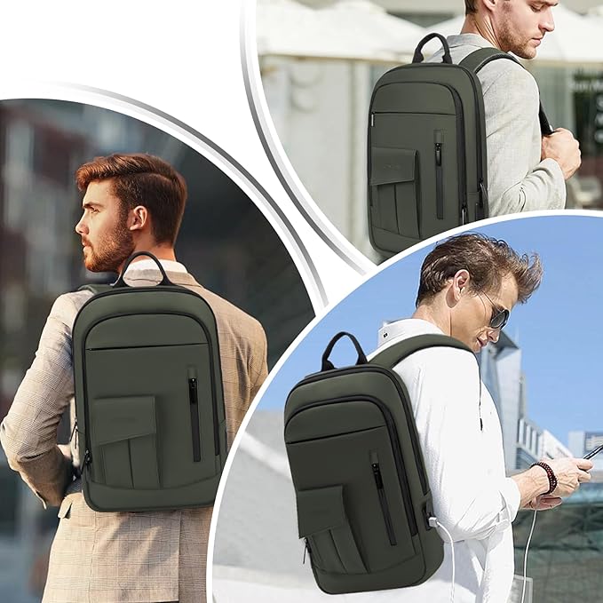 Business Backpack for Men Slim Lightweight Laptop Backpack Water Resistant Small Office Backpack for Commute Travel Daily Office Work with Small Bag (Green, 15.6")