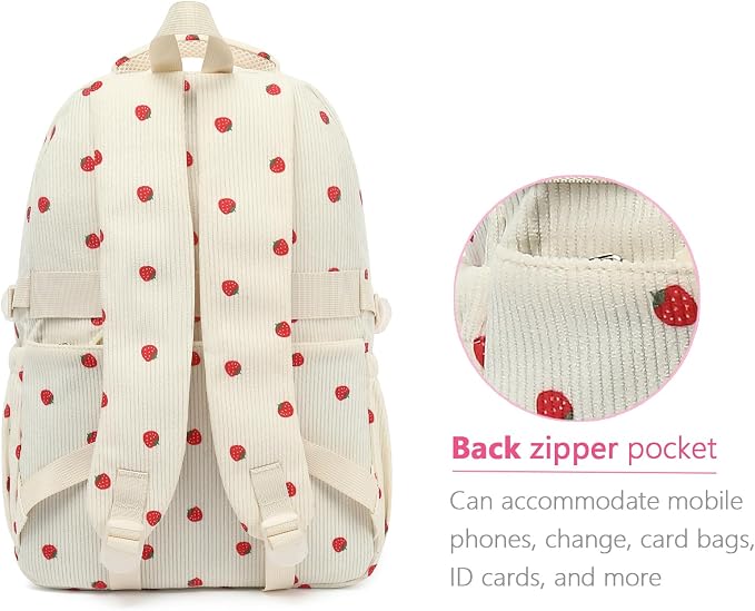 PRLINJSK Girls Backpack for College High Middle School Student, Cute Aesthetic Bookbag for Teens Women with Accessories, Beige Strawberry