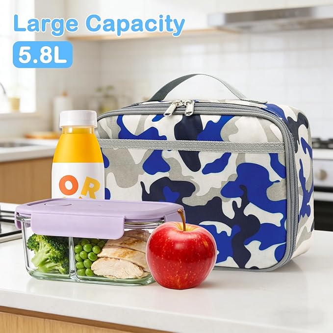 FlowFly Kids Lunch box Insulated Soft Bag Mini Cooler Back to School Thermal Meal Tote Kit for Girls, Boys,Blue Camo
